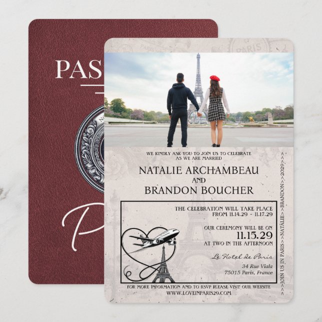 Burgundy Paris Passport Wedding Invitation (Front/Back)