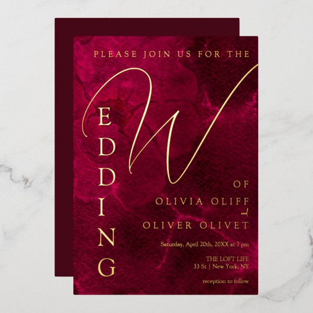 Burgundy Passion Wedding Foil Invitation (Front/Back)