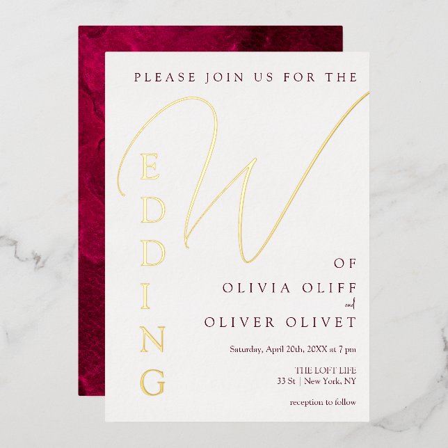 Burgundy Passion Wedding Foil Invitation (Front/Back)