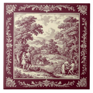 Burgundy Pastoral French Toile Vineyard Country  Ceramic Tile