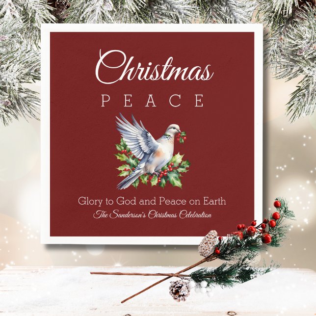 Burgundy Peace Dove Holly Christian Christmas Napkins (Creator Uploaded)