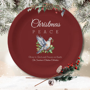Burgundy Peace Dove Holly Christian Christmas Paper Plates