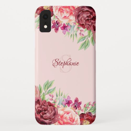 Burgundy Peach Blush Floral Rose Monogram iPhone XR Case