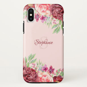 Burgundy Peach Blush Floral Rose Monogram iPhone XS Case