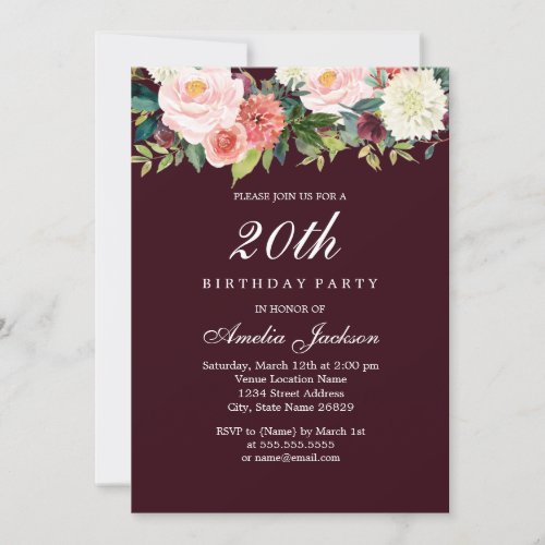 Burgundy Peach Botanical Floral 20th Birthday Invitation