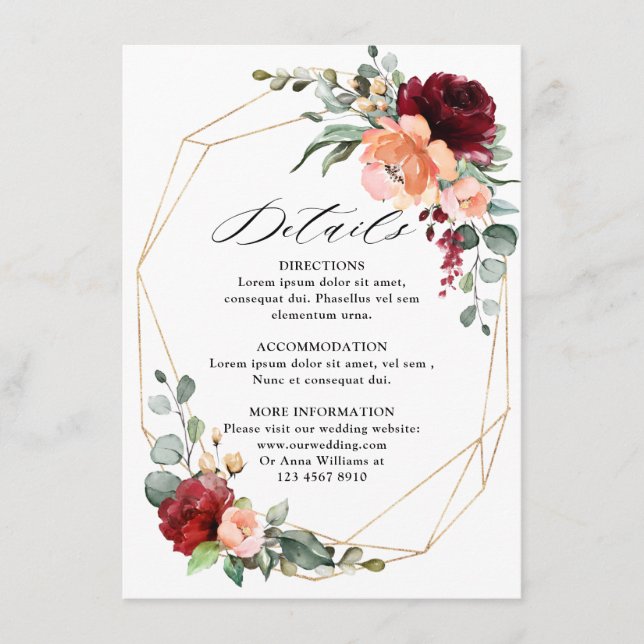 Burgundy Peach Coral Orange Eucalyptus Wedding Enclosure Card (Front)