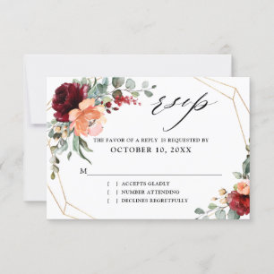 Burgundy Peach Coral Orange Eucalyptus Wedding RSV RSVP Card
