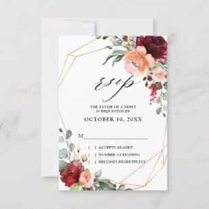 Burgundy Peach Coral Orange Eucalyptus Wedding RSVP Card