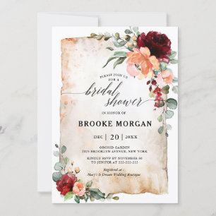 Burgundy Peach Coral Pink Roses Bridal Shower Invitation