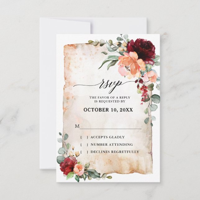 Burgundy Peach Coral Pink Roses Eucalyptus RSVP (Front)