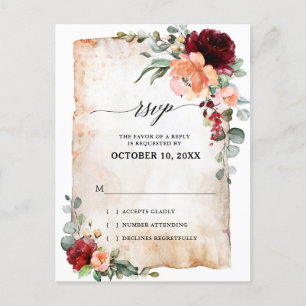 Burgundy Peach Coral Pink Roses Eucalyptus RSVP Postcard