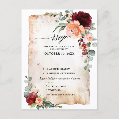 Burgundy Peach Coral Pink Roses Eucalyptus RSVP Postcard