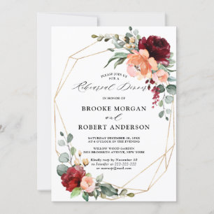 Burgundy Peach Coral Pink Roses Rehearsal Dinner I Invitation