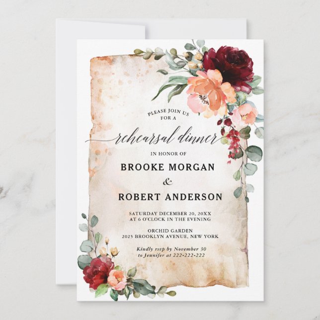 Burgundy Peach Coral Pink Roses Rehearsal Dinner Invitation (Front)