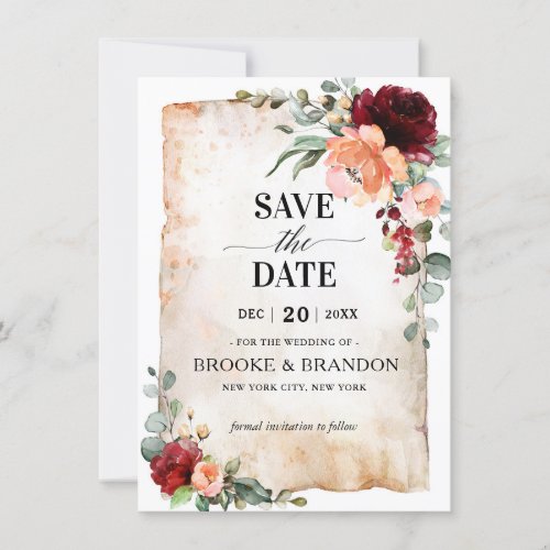 Burgundy Peach Coral Pink Roses Save the Date Card