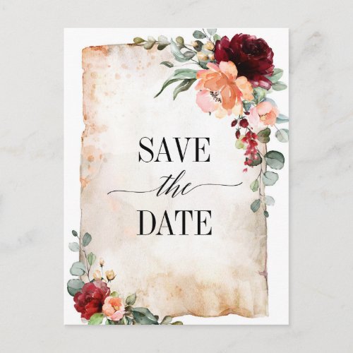 Burgundy Peach Coral Pink Roses Save the Date Postcard