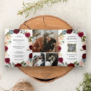 Burgundy Peach Floral All in One QR Code Wedding Tri-Fold Invitation