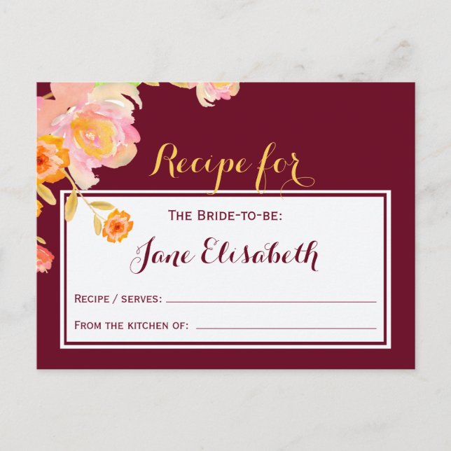 Burgundy peach floral bride to be recipe card (Front)