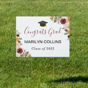 Burgundy Peach Floral Graduation Yard Sign