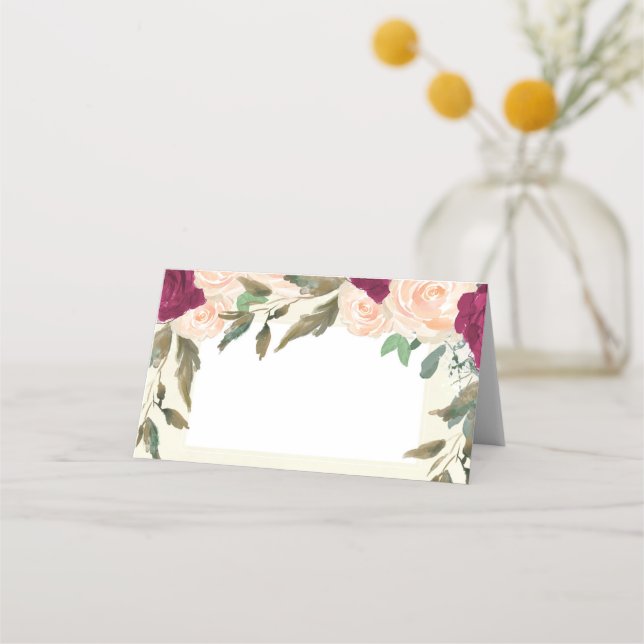 Burgundy peach floral ivory wedding place card (Front)