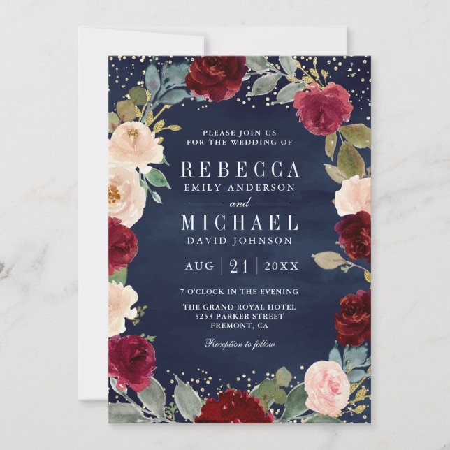Burgundy Peach Floral Navy Blue QR Code Wedding Invitation (Front)