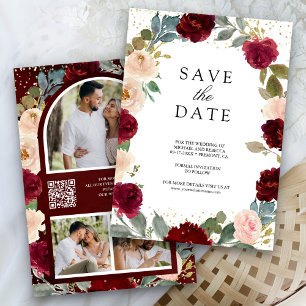 Burgundy Peach Floral Photo QR Code Wedding Save The Date