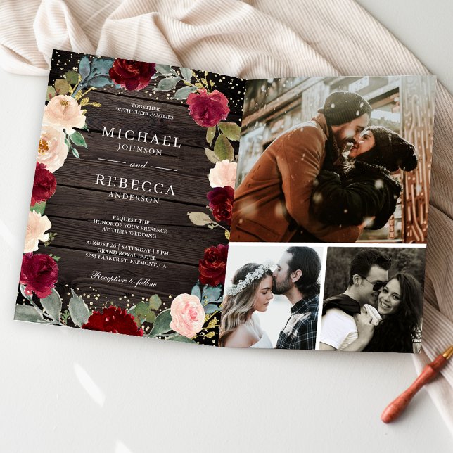Burgundy Peach Floral Photo QR Code Wood Wedding Invitation (Creator Uploaded)