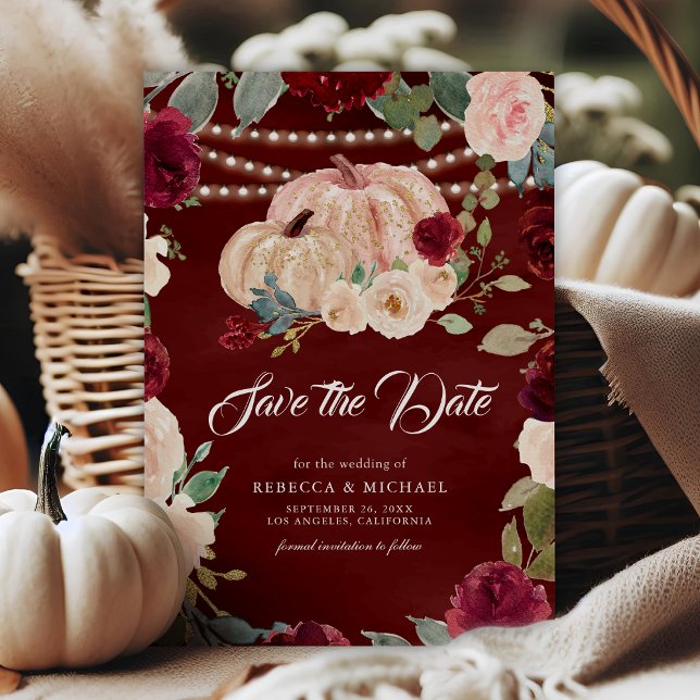 Burgundy Peach Floral Pumpkin Wedding Save The Date (Creator Uploaded)