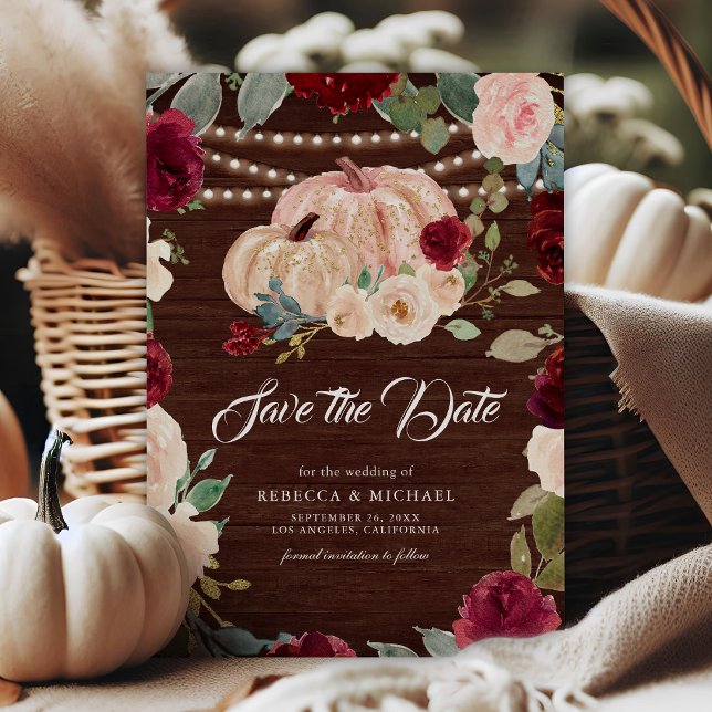Burgundy Peach Floral Pumpkin Wood Wedding Save The Date (Creator Uploaded)