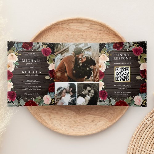 Burgundy Peach Floral QR Code Barn Wood Wedding Tri_Fold Invitation