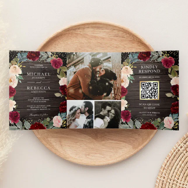 Burgundy Peach Floral QR Code Barn Wood Wedding Tri-Fold Invitation ...