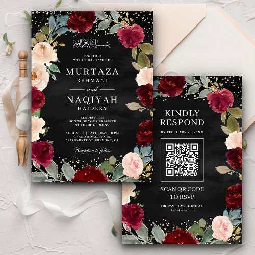 Burgundy Peach Floral QR Code Black Muslim Wedding Invitation