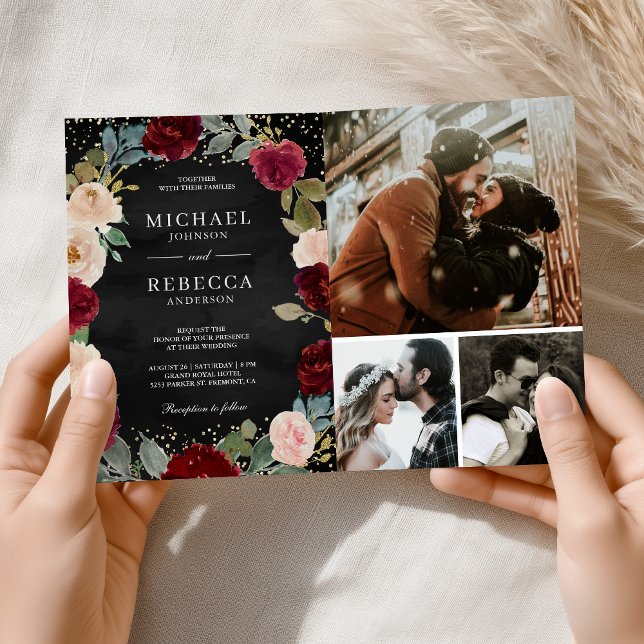 Burgundy Peach Floral QR Code Black Wedding Invitation (Creator Uploaded)