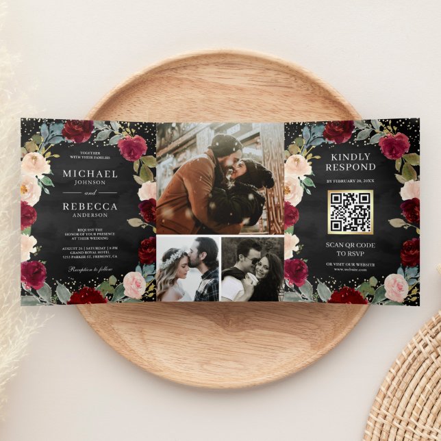 Burgundy Peach Floral QR Code Black Wedding Tri-Fold Invitation (Creator Uploaded)