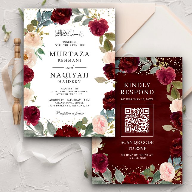 Burgundy Peach Floral QR Code Muslim Wedding Invitation (Creator Uploaded)
