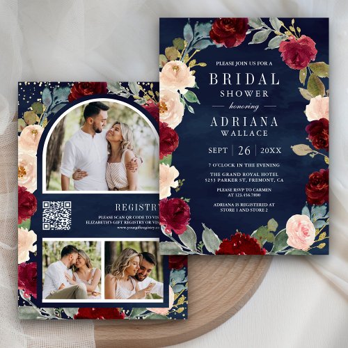 Burgundy Peach Floral QR Code Navy Bridal Shower Invitation