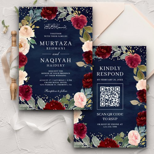 Burgundy Peach Floral QR Code Navy Muslim Wedding Invitation