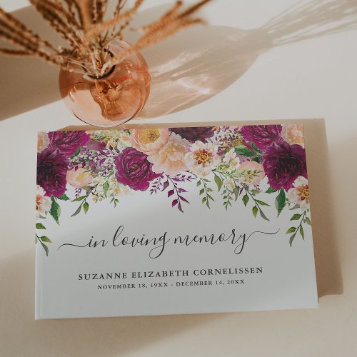 Burgundy Peach Floral Script In Loving Memory Guest Book