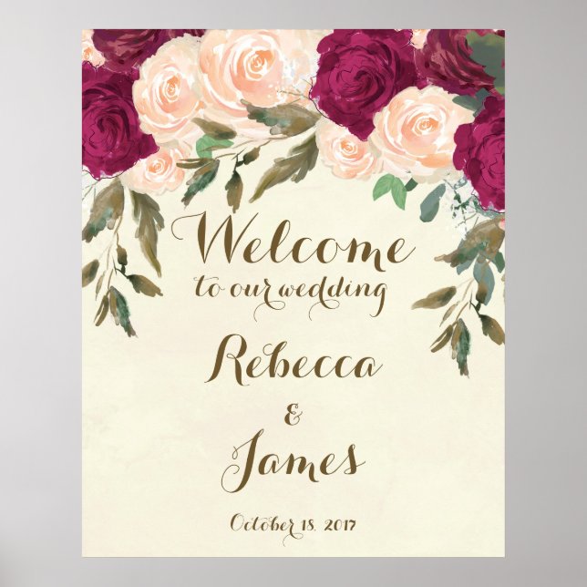 burgundy peach floral wedding welcome poster sign (Front)