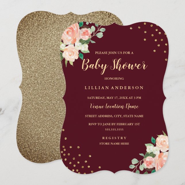 Burgundy Peach Gold Floral Confetti Baby Shower Invitation (Front/Back)