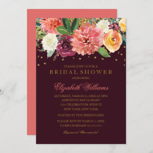 Burgundy Peach Gold Floral Glitter Bridal Shower Invitation