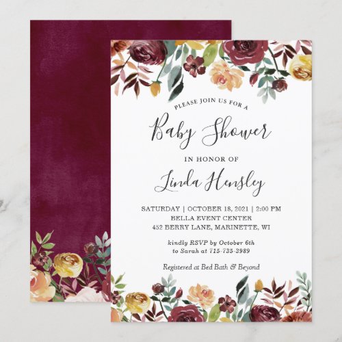 Burgundy Peach Gold Garden Floral Fall Baby Shower Invitation