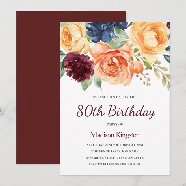 Burgundy Peach Navy Floral 80th Birthday Invitation (Front/Back)