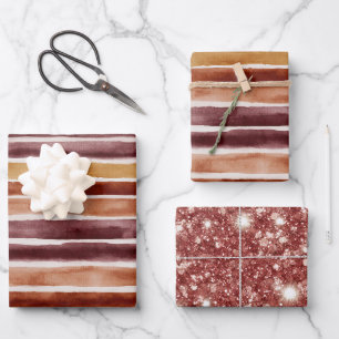 Burgundy Peach Orange Red Stripes Birthday Wrapping Paper Sheets
