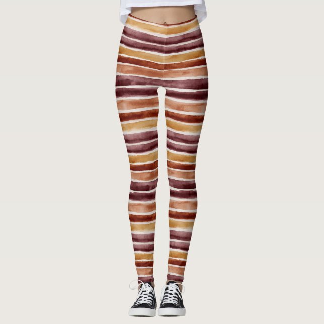 Burgundy Peach Orange Red Stripes Leggings (Front)