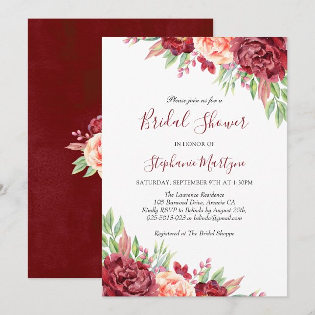 Burgundy Peach Rose Floral Bridal Shower Invitation (Front/Back)