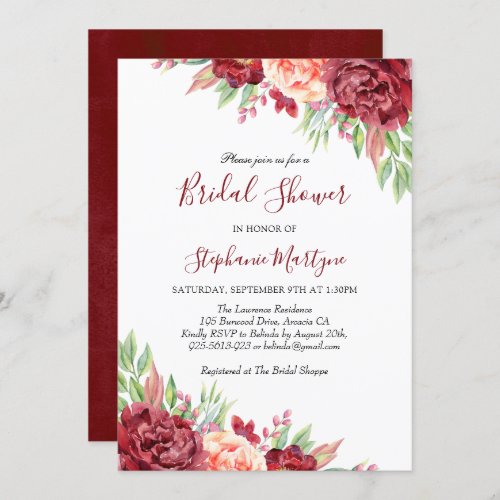 Burgundy Peach Rose Floral Bridal Shower Invitation