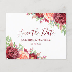 Burgundy Peach Rose Floral Wedding Save The Date Announcement Postcard