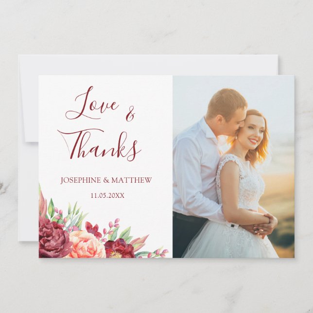 Burgundy Peach Rose Floral Wedding Thank You Card (Front)