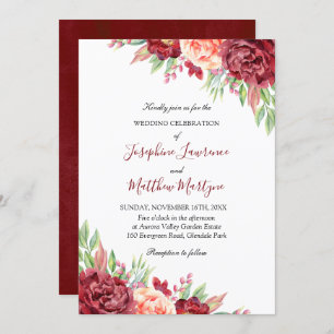Burgundy Peach Rose Watercolor Floral Wedding Invitation